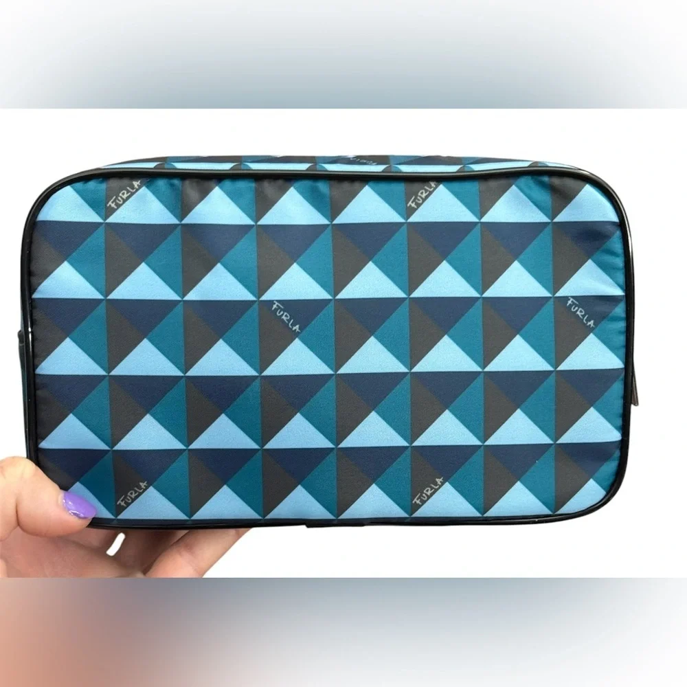 New Furla blue geometric cosmetic pouch with dust bag